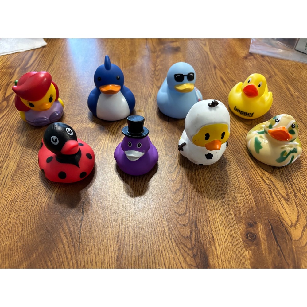 Lot of 8 Novelty Rubber Ducks Mixed Themes Penguin Ladybug Mermaid Soccer Camo